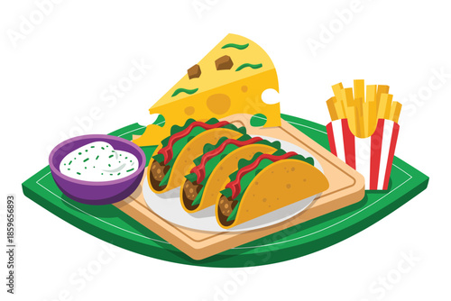 Traditional Mexican street food vector illustration featuring tacos, tamales, and churros arranged on a platter, perfect for culinary, cultural, and food design