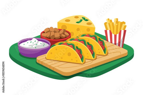 Traditional Mexican street food vector illustration featuring tacos, tamales, and churros arranged on a platter, perfect for culinary, cultural, and food design