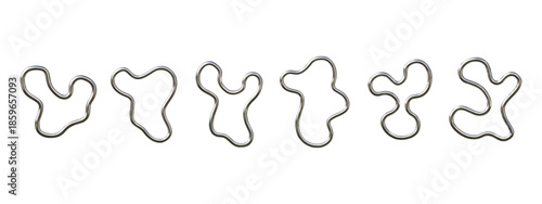 Liquid chrome. 3D metal abstract shape or holographic spiral wave. Cyberpunk fluid trail or hologram line drop. Polished form. Metallic circle. Aluminum rings. Vector isolated elements set