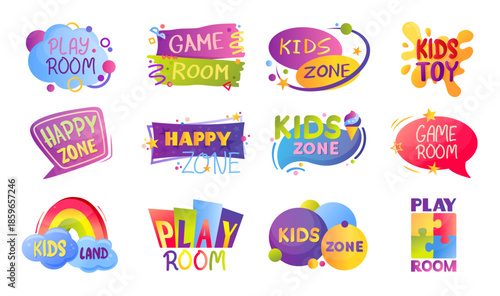 Play zone background set. Fun game logo, art school area text or blot park label. Kinder card, playroom sign. Amusement party, Kindergarten club isolated emblem, nursery room vector banner