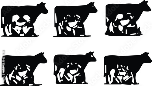 Silhouette cows with hidden milking figures, black and white negative space art, rural livestock care, creative perception concept