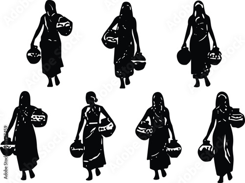 Silhouette women with baskets, black and white traditional scene, rural lifestyle art, cultural gathering walk concept illustration