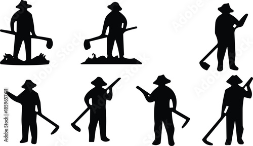 Silhouette farmer with hoe in various poses, black and white rural labor art, traditional agriculture tool concept illustration