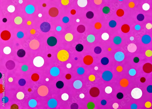 Playful abstract design with multi-coloured circles scattered across bright pink background in modern art style