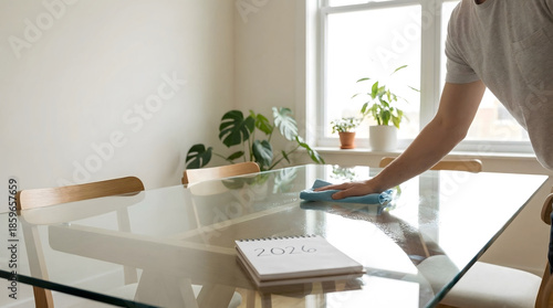Authentic Fresh Start 2026 Concept: Person Cleaning Glass Dining Table with Blue Cloth and New Year Goal Notebook in Minimalist Home Interior