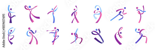 Body logo. Woman sport shape. Abstract human health movement or people dance symbol. Ribbons man figure. Race run marathon. Sportsman or dancer motion poses. Vector isolated signs set