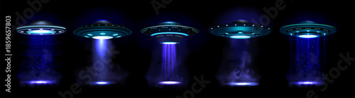 3d ufo. Flying alien space saucer, spaceship fantasy beam. Night ship render, outer Galaxy object in universe. Smoke blue spotlight, magic portal. Realistic isolated elements. Vector poster