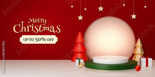 Christmas sale banner. 3d red podium with empty glass crystal ball, merry xmas or new year gift products presentation with light and promotion decorations. Souvenir vector background