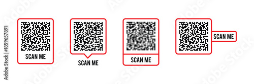 QR Code Scan Me Labels Set – Multiple QR Codes with Red Frames and Scan Me Text, Modern Digital Payment and Contactless Technology Concept Isolated on White Background