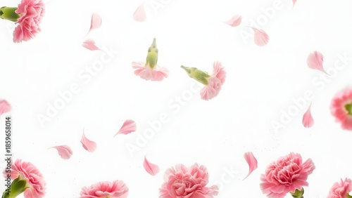 Numerous pink carnation flowers and scattered petals gracefully descend and collect at the bottom of a bright white background, forming a beautiful frame