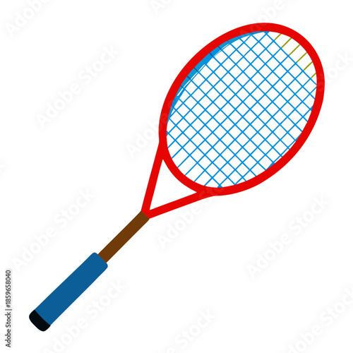 Vibrant red tennis racket with blue strings and handle
