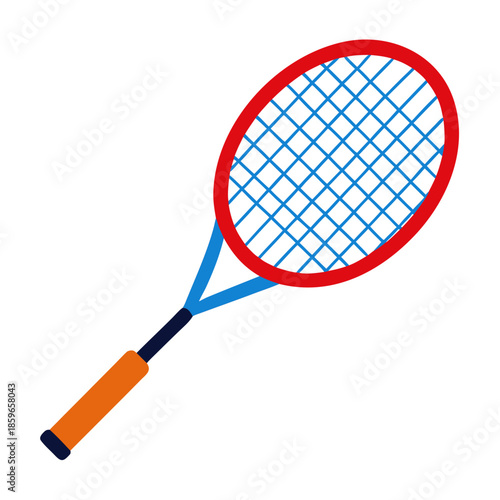 Vibrant tennis racket with red frame and blue strings