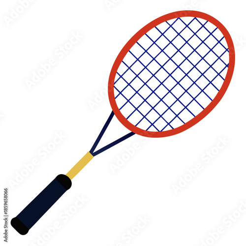 Vibrant tennis racket with red frame and blue strings