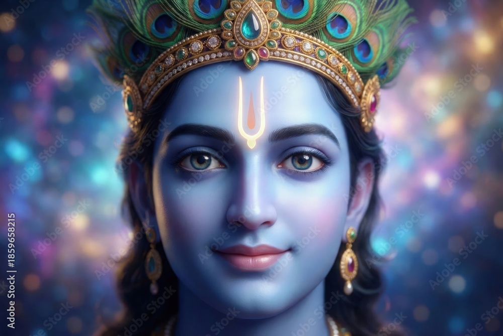Fototapeta premium Close-Up Portrait of Lord Krishna Face – Emotional Divine Connection Art HD
