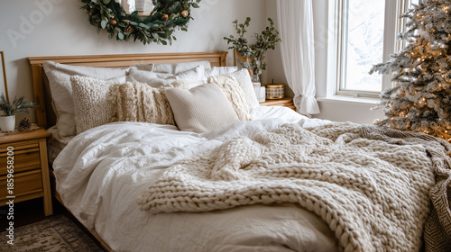 Cozy white bedroom interior with knitted blanket and festive Christmas decor