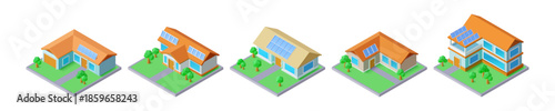 3D home. Solar panels on residential buildings. Modern apartment with eco battery on roof. Sustainable energy community. Property residence. Isometric houses and yard. Vector icons set