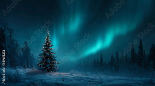 Christmas tree under Northern Lights aurora borealis