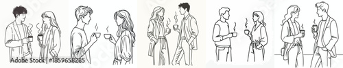 vector line art half body of a man and a woman stand enjoying coffee
