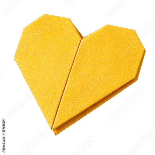 Yellow origami paper heart on transparent background, folded craft decoration, love symbol for greeting cards, valentine design element
