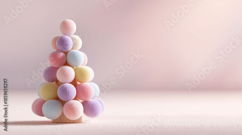 Pastel pom pom Christmas tree on pink background