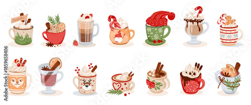Christmas mug. Gingerbread candy cup, sweet dessert with snowman and marshmallow decoration. Hohoho eggnog milk drink. Cappuccino with cinnamon. Vector cartoon flat isolated illustration