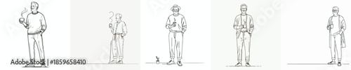 vector line art full body of a grandfather standing relaxed enjoying coffee