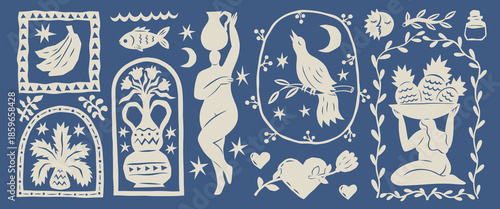 Summer ethnic shapes. Beach tiger mosaic. Jungle animal and fruit collage. Retro nature collection. Silhouette bird. Boho female naked body. Vintage Hawaiian drawing elements vector set