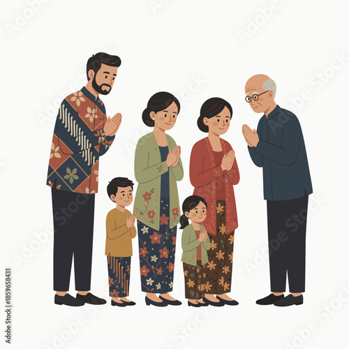 An Indonesian family, including parents and two children, respectfully greeting an elderly man with traditional gestures while wearing traditional batik and kebaya attire.