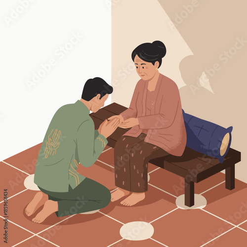 A man kneels respectfully before an older woman, holding her hands in a gesture of apology or seeking blessings, dressed in traditional attire indoors.
