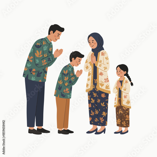 An Indonesian or Malay family of four, parents and two children, performing a traditional respectful greeting gesture in cultural attire.
