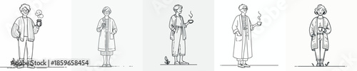 vector line art full body of a grandmother standing relaxed enjoying coffee