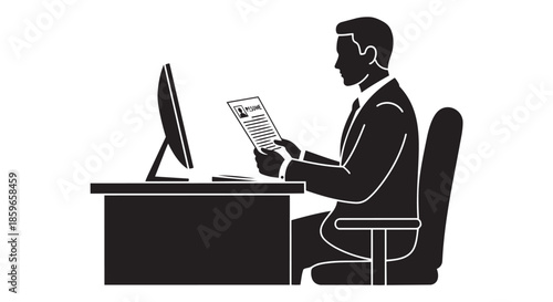 Professional man reviewing a resume at his desk with a computer monitor