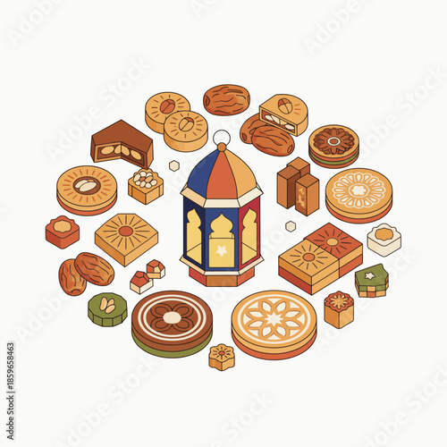 Ramadan Treats Display: A vibrant assortment of traditional treats artfully arranged around an ornamental lantern, symbolizing the warmth and generosity of the holiday. A visual feast for the eyes.