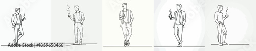 vector line artr full body of a man standing relaxed enjoying coffee