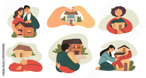 Family in house. People dream about home. Residential building buy. Owner loving apartment. Happy couple hugging residence. Real estate property. Minimal outline drawing. Vector concept