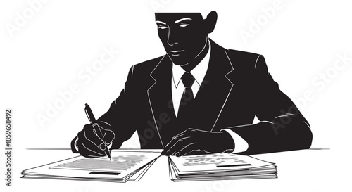 A man in a business suit diligently signing documents and managing paperwork at his office desk