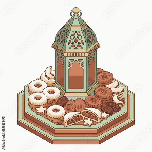 Ornate lantern surrounded by traditional Middle Eastern sweets and nuts on a decorative hexagonal tray, celebrating Eid or Ramadan.