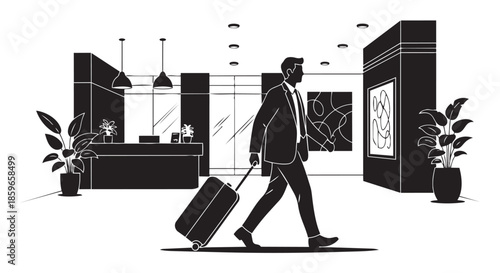 Businessman arriving at a sleek modern hotel lobby with his luggage ready for check-in