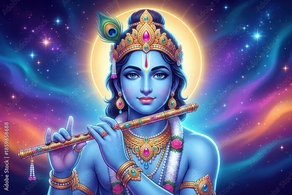 Fototapeta premium Youthful Lord Krishna Cosmic Flute Portrait – Modern Spiritual Fantasy Art HD
