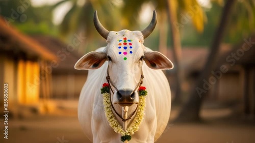 A white decorated Pongal cow with colorful forehead dots and a jasmine flower garland standing in a traditional village background during sunset for harvest celebration, makar sankranti and lohri