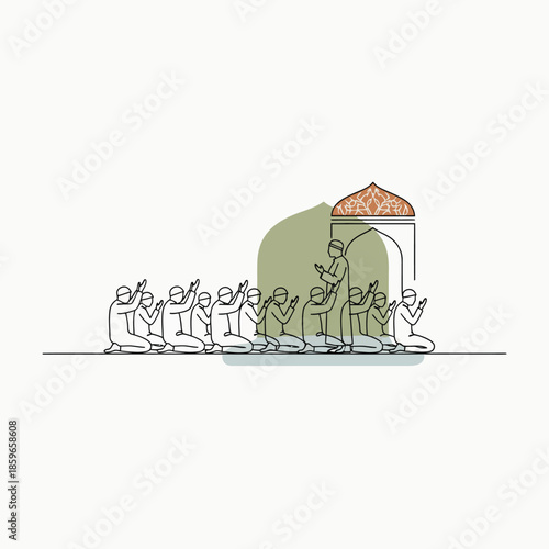 Minimalist line art illustration of Muslim people performing prayer (Salat) led by an Imam in a mosque setting, depicting Islamic culture and religious devotion.