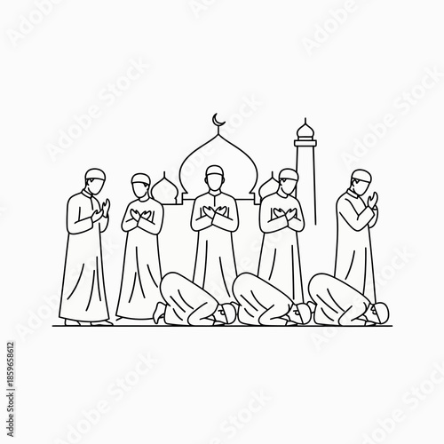 Line art illustration of Muslim men praying in a mosque, depicting various stages of Islamic prayer with some standing and others prostrating.