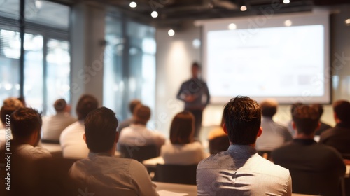 In an office space a group of people is seated and facing a speaker at the front. The speaker is presenting information on a large screen. Attendees are focused on the topic being discussed.