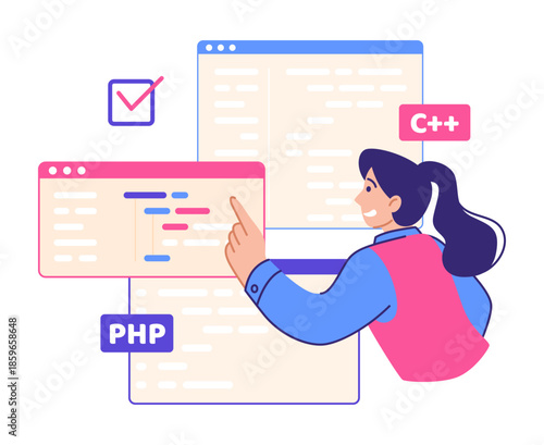 PC work. Computer programmer character. Browser windows. Web software. Programming script. Developer working with website frame. Network technology. Backend java coders vector concept