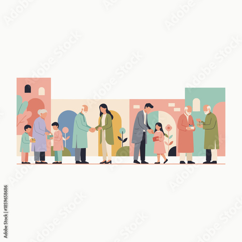 Diverse community members engaging in acts of kindness and gift-giving in a stylized setting with pastel-colored buildings and plants.