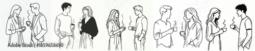 vector line art half body of a man and a woman stand enjoying coffee