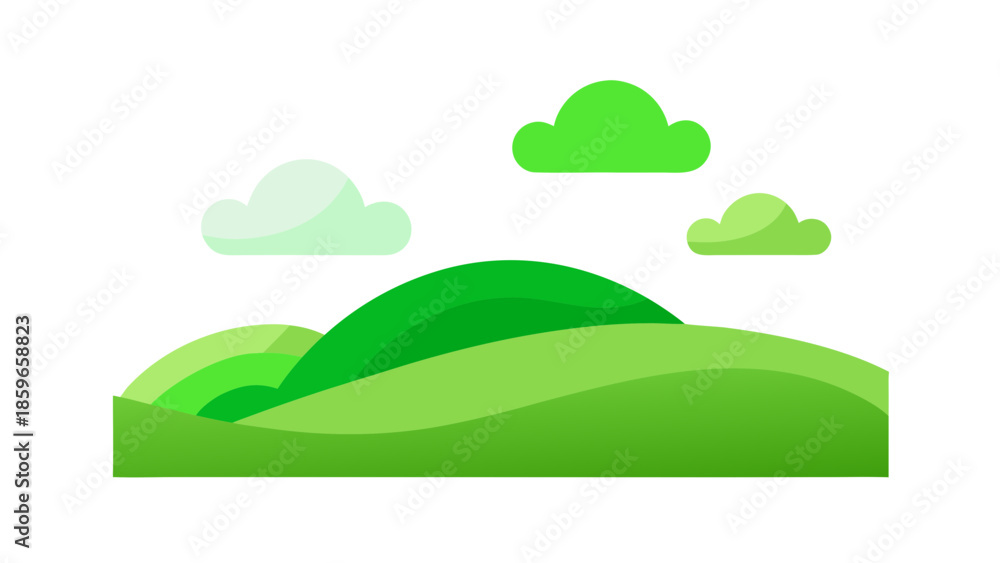 Obraz premium green rolling hills with clouds flat illustration for web and graphic design