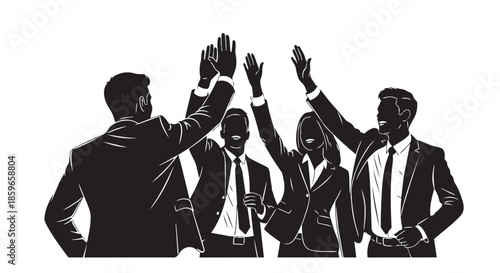 Diverse group of business professionals celebrating a shared victory with raised hands