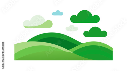 green rolling hills with clouds flat illustration for web and graphic design