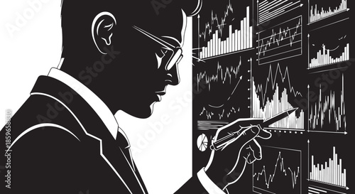 Professional analyzing financial market data and business trends on a digital display